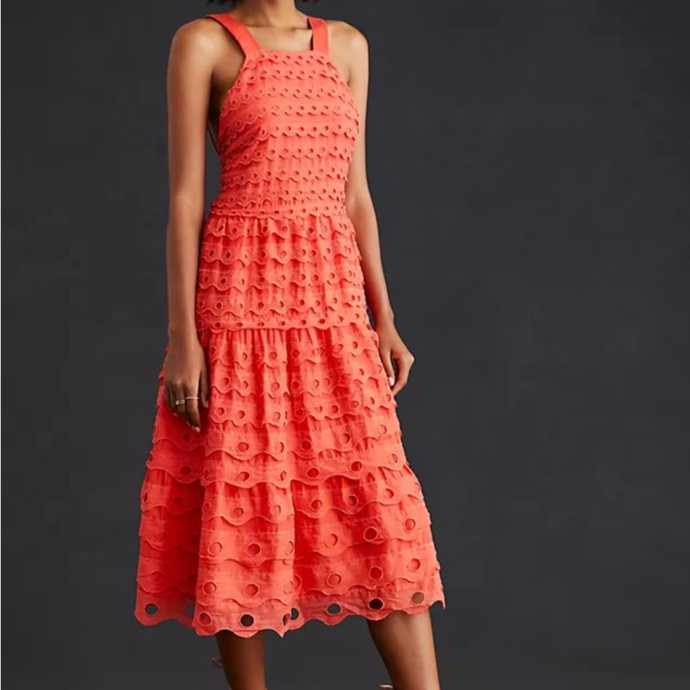 ANTHROPOLOGIE MAEVE EYELET HALTER MIDI DRESS SIZE 6 COLOR RED NWOT